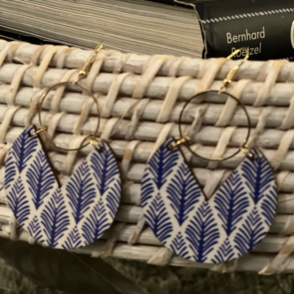 Blue and Gold Bohemian, geometric leaf pattern Drop earnings. Light wood.  New